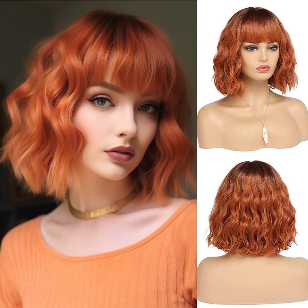 Ombre Red Dark Root Wig with Bangs Wavy Synthetic April TMNT (12Inches)